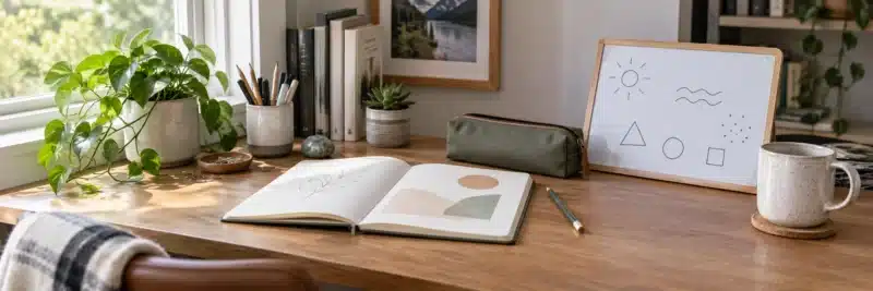 Notebook and study materials arranged for a school-based side hustle