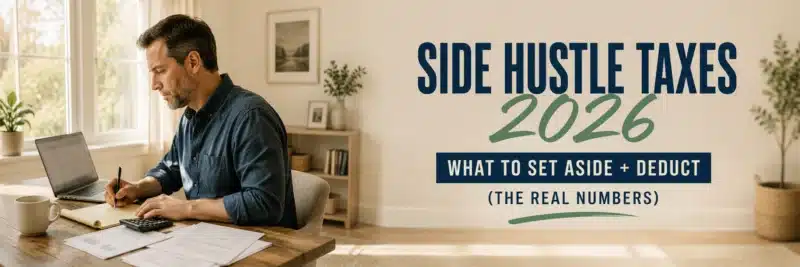 Man calculating side hustle taxes at a home desk with a calculator and notes
