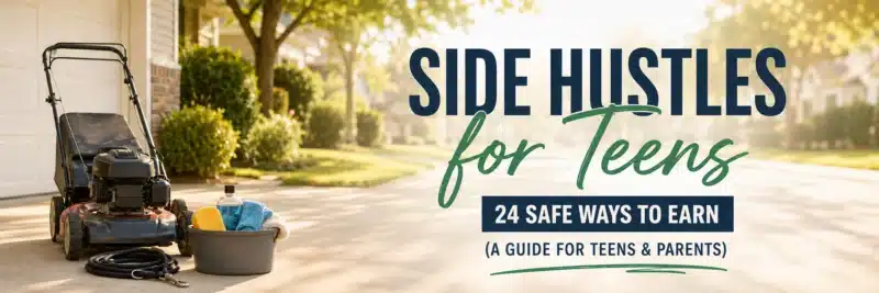 side hustles for teens: a driveway scene with a lawn mower and dog leash ready for weekend jobs