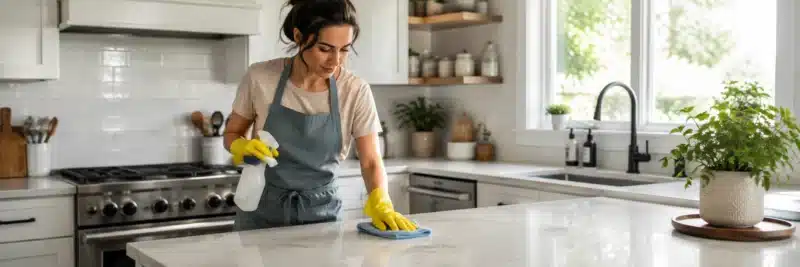 Person cleaning a kitchen counter as part of a standard house cleaning job