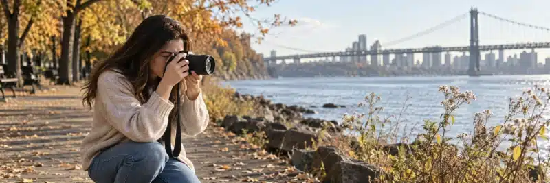 Person photographing a scene to license as stock photography