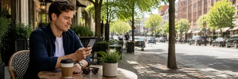 Person casually checking a taxable brokerage account on their phone at a café