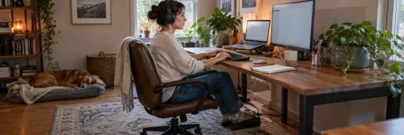 Person transcribing audio using headphones and a foot pedal
