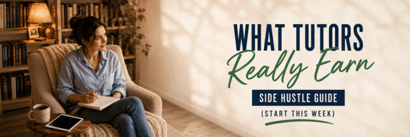 Woman preparing tutoring materials in a cozy reading nook for her tutoring side hustle