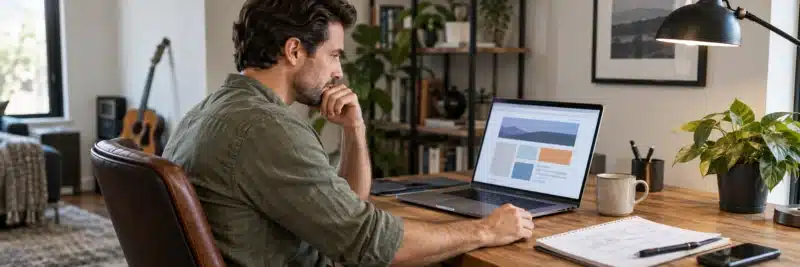 Person reviewing a website layout as part of a web design business