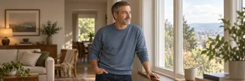Person reflecting by a window, thinking back on why he started his blog
