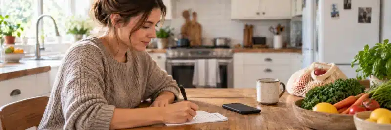 Person writing a shopping list before checking money-saving apps